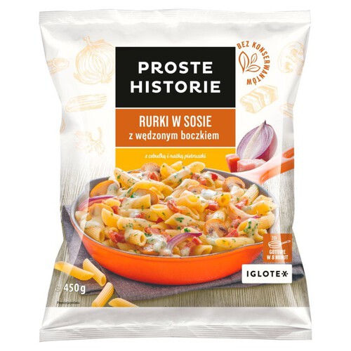 Danie z makaronem rurki w sosie z wędzonym boczkiem Proste Historie 450 g