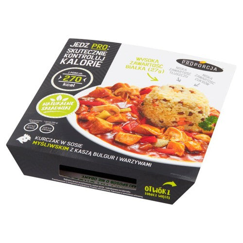 Kurczak w sosie myśliwskim z kaszą bulgur i warzywami Proporcja 300 g